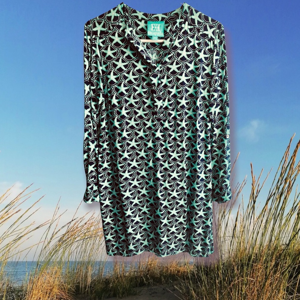 Escapada Living Sz SMALL Blue 3/4 Sleeve Starfish Print Tunic dress Rayon